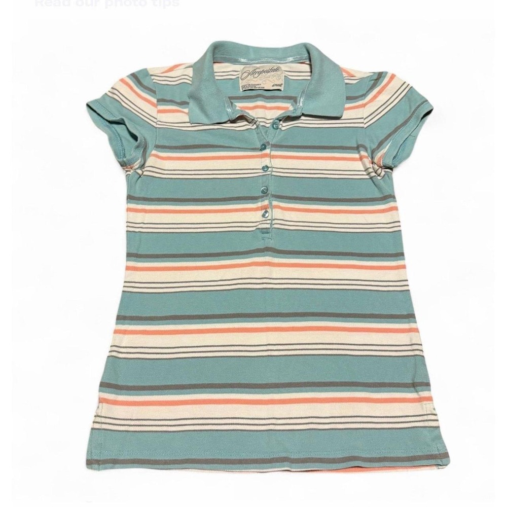Aeropostale Women's Small Striped Polo Shirt Blue Coral Y2K Preppy Short Sleeve